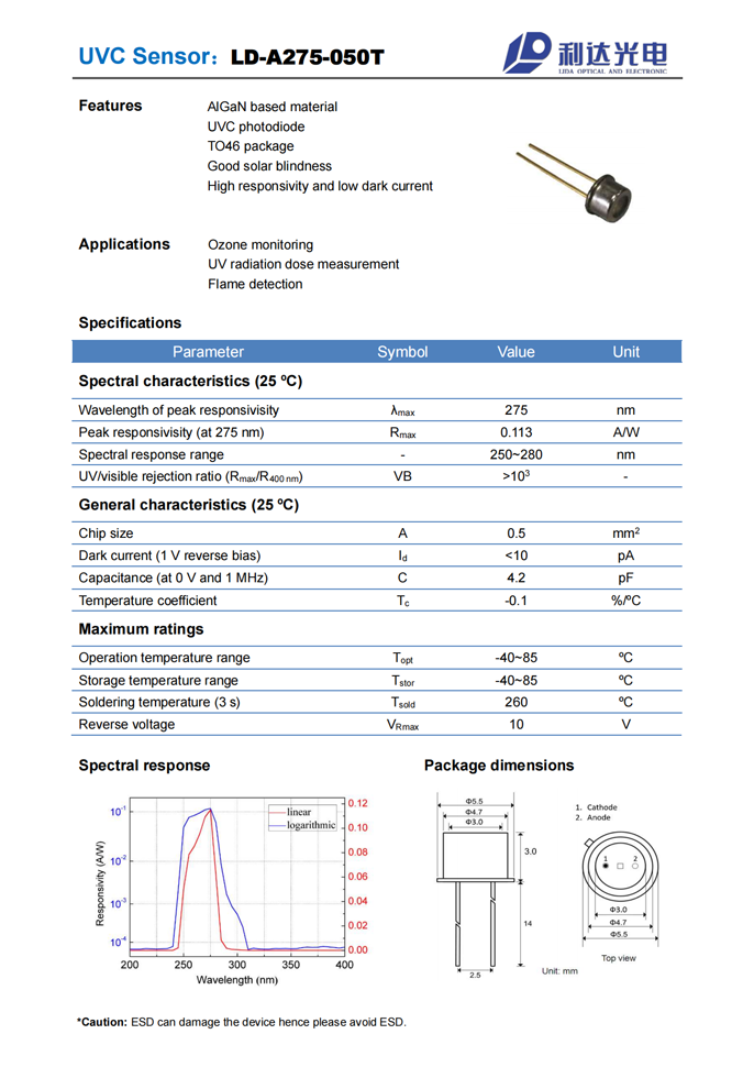 AlGaN日盲系列紫外探测器 LD-A275-050T