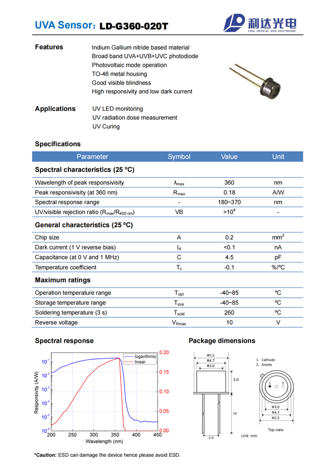 GaN series UVA sensor LD-G360-020T